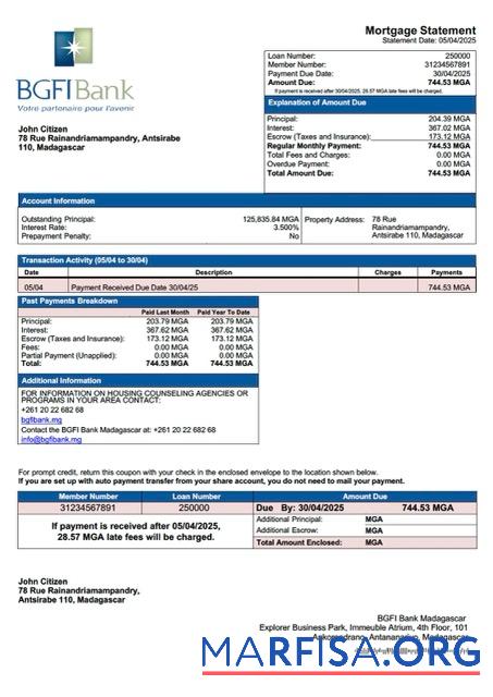 Downloadable Madagascar BGFI Bank Madagascar mortgage statement Word and PDF template